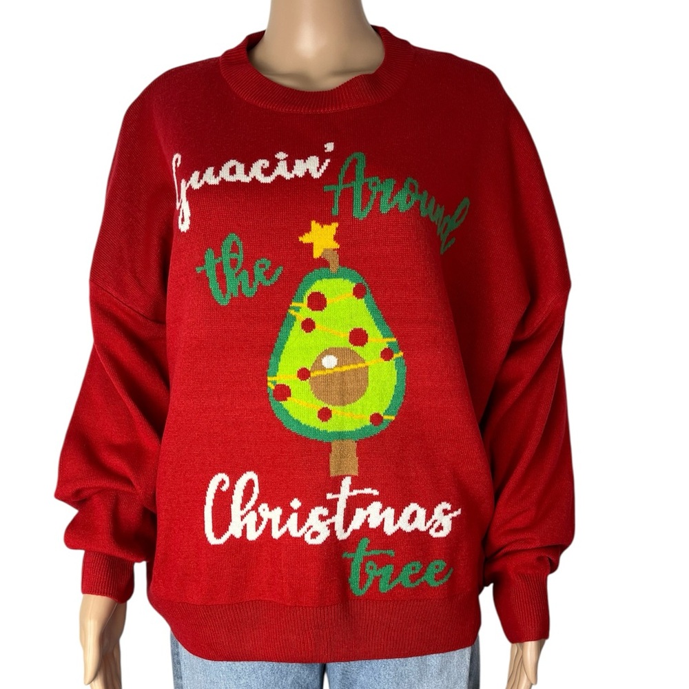 New Threadbare Women's Red Ugly Christmas Avocado Sweater